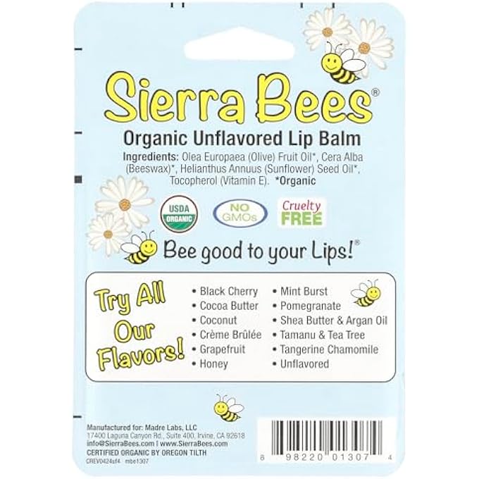 Sierra Bees , ORGANIC LIP BALMS, UNFLAVORED, 4 PACK.15 OZ (4.25 G) EACH - Image 3